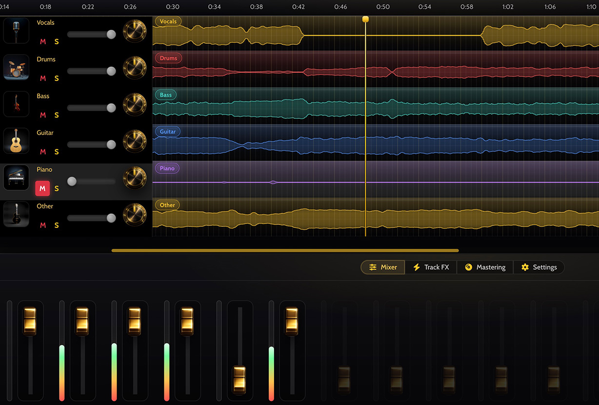Moozix Smart DAW interface with timeline, track FX, mixer, and mastering tools