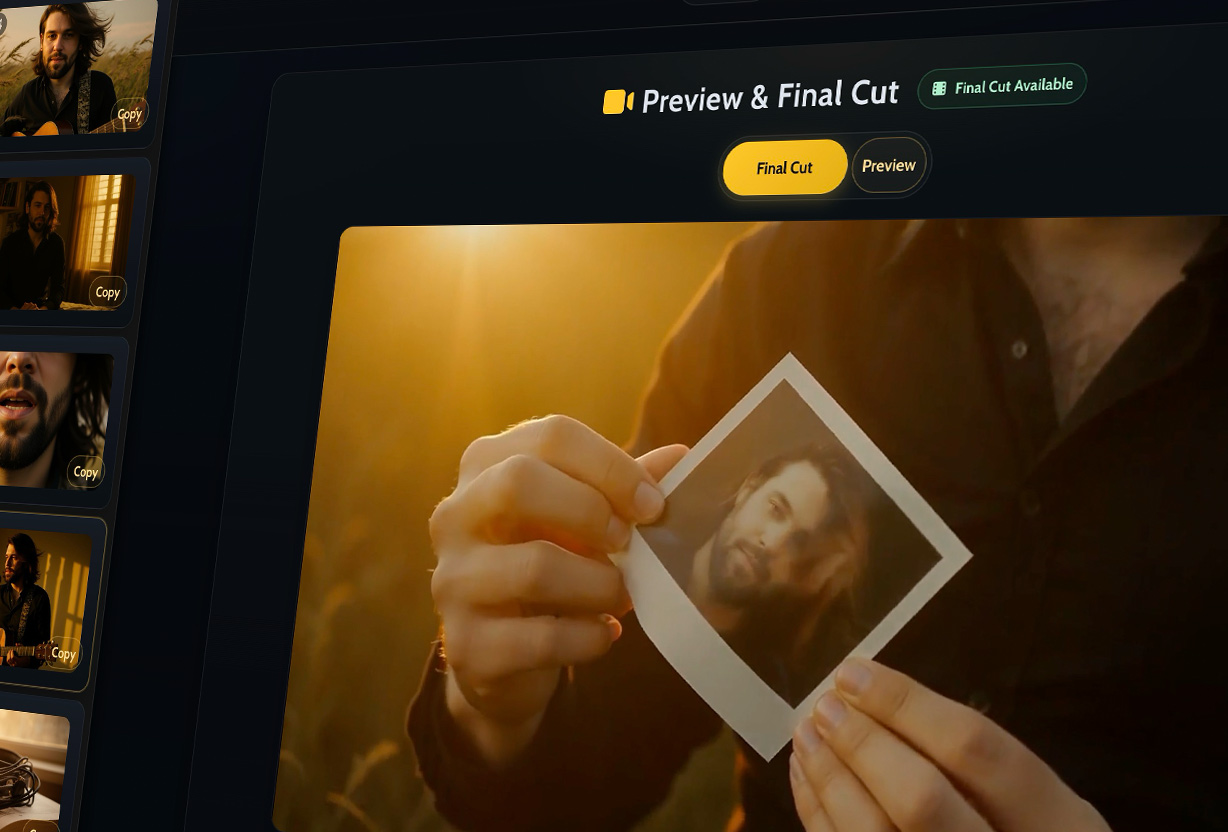 Moozix final cut rendering and preview interface for AI music videos