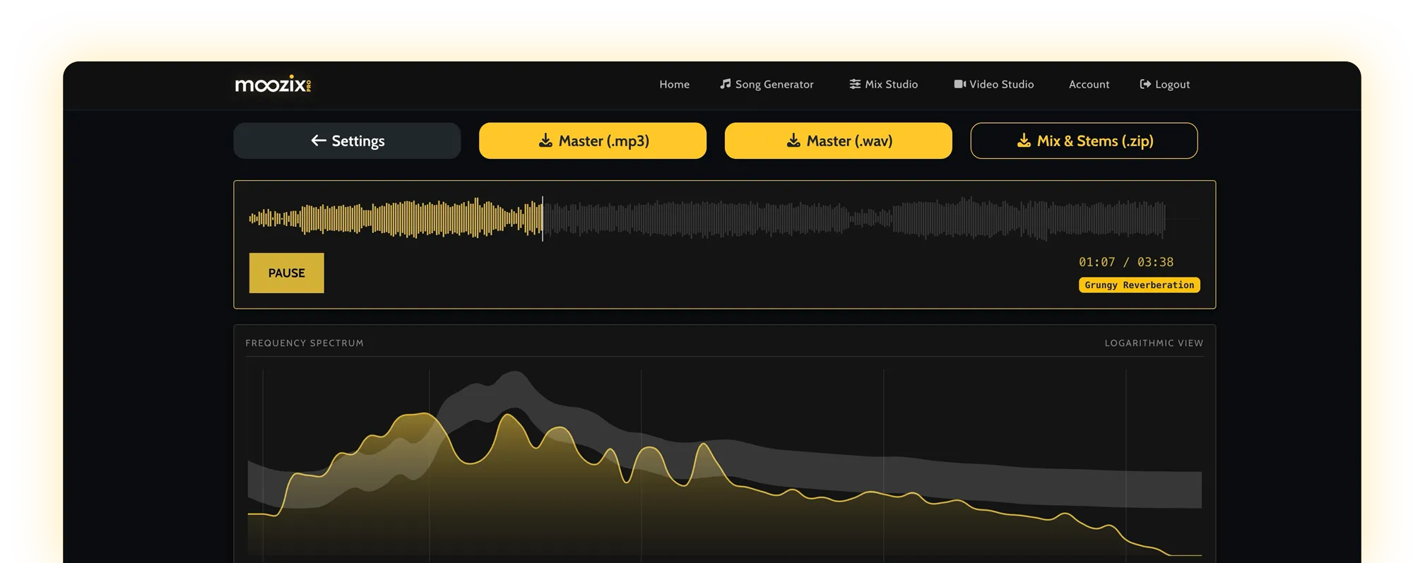 Moozix AI stem mixing interface showing final waveform output