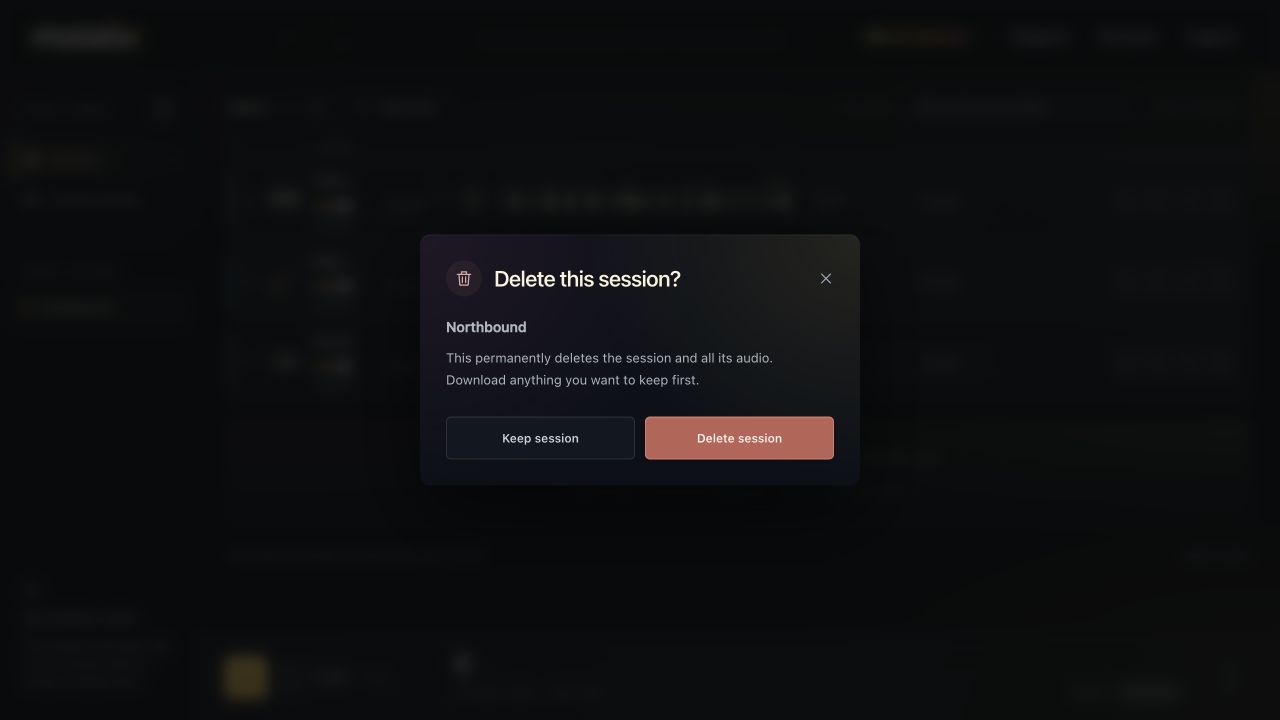 The session deletion confirmation explains that the session and its audio are removed.