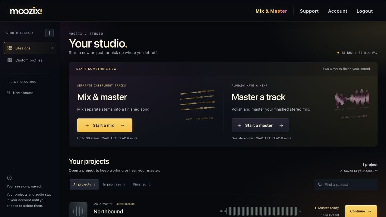 The current Moozix Studio with Mix & master, Master a track, and the project library